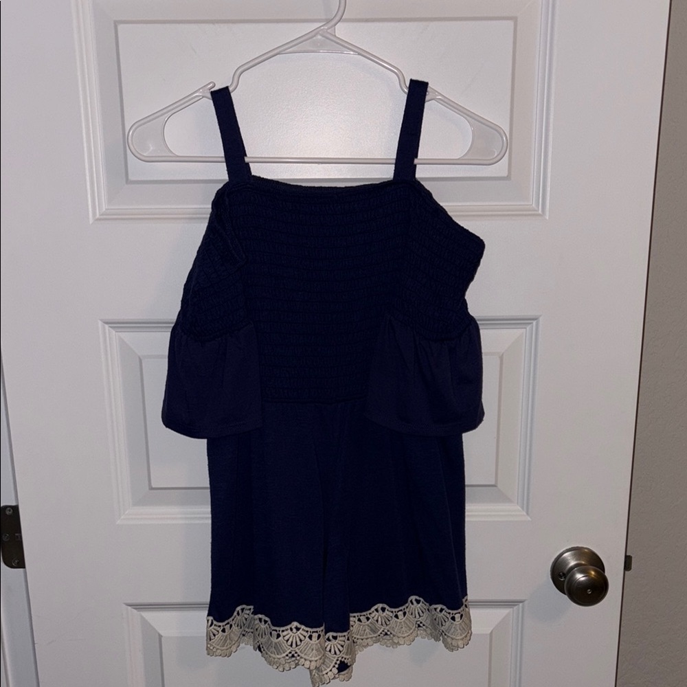 Navy Blue Off-Shoulder Romper with Lace Trim